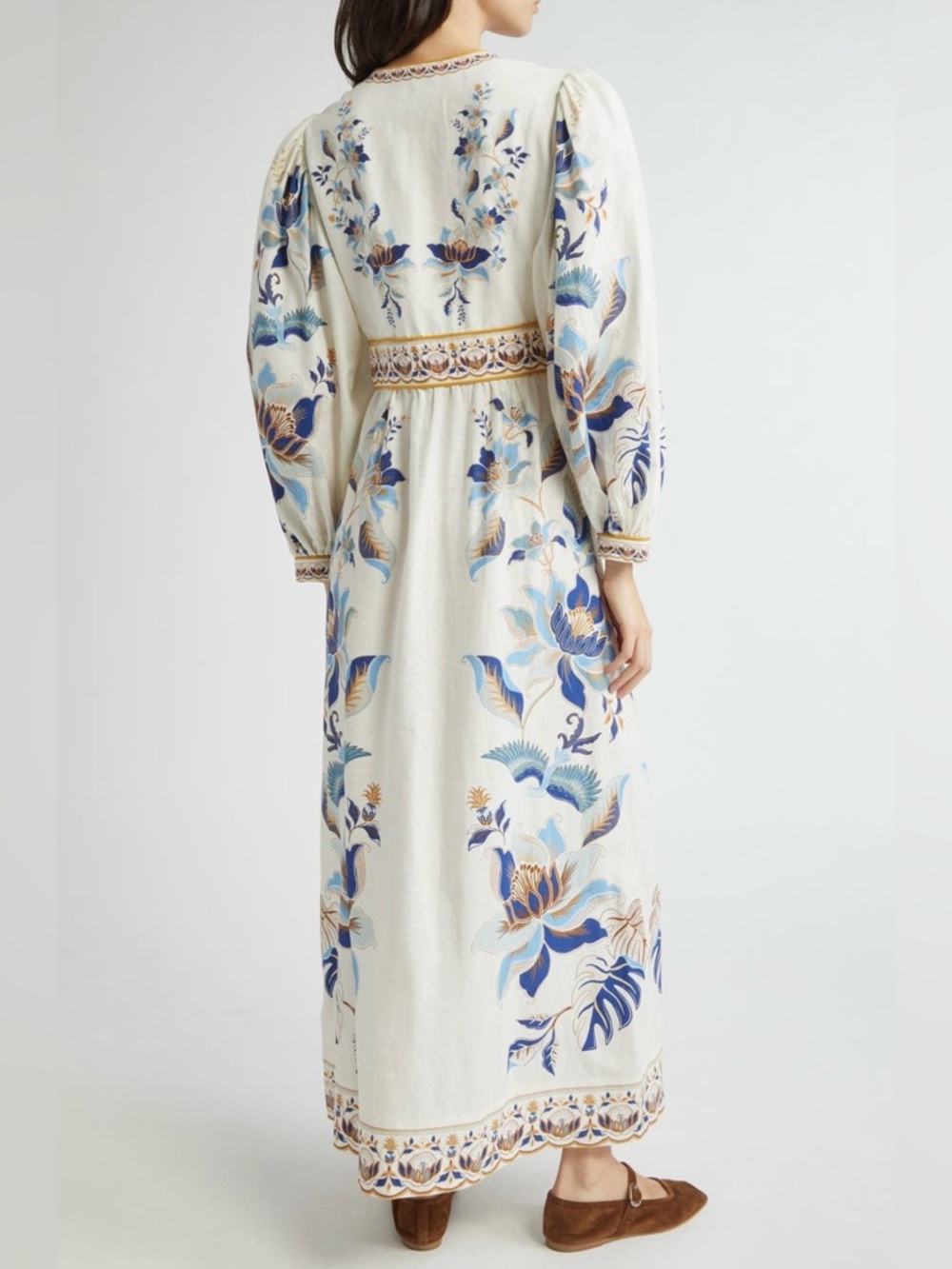 FARM Rio White Maxi Dress with Blue and Gold Floral Embroidery - Picture 3 of 16